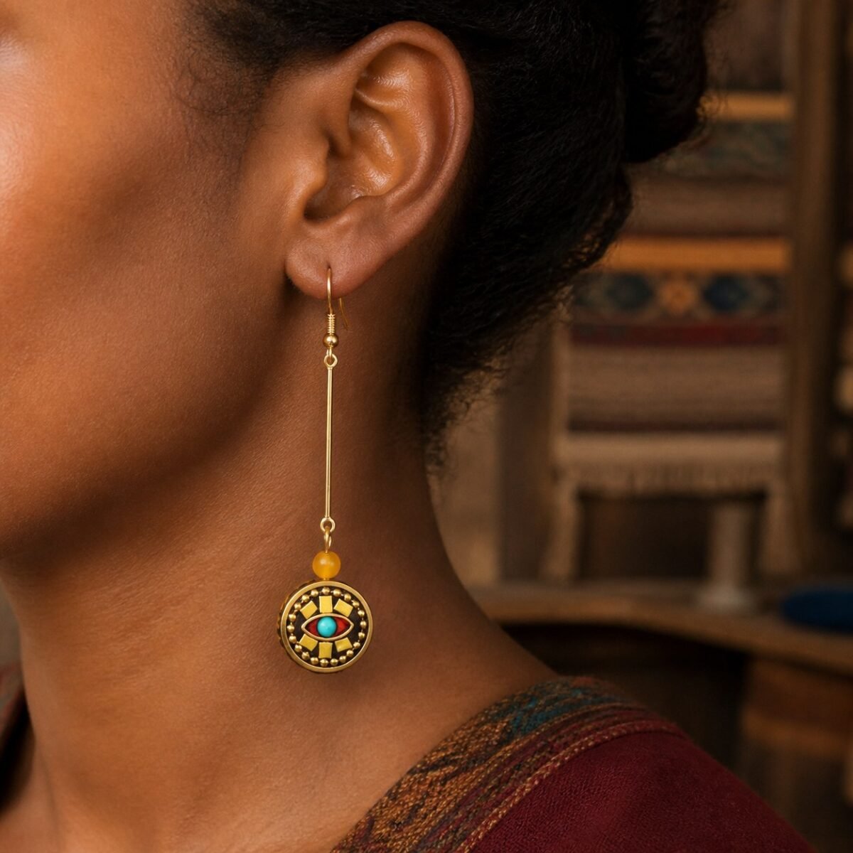 Tibetan Round Disc Long Drop Earrings