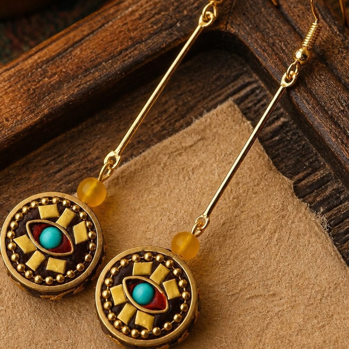 Tibetan Round Disc Long Drop Earrings