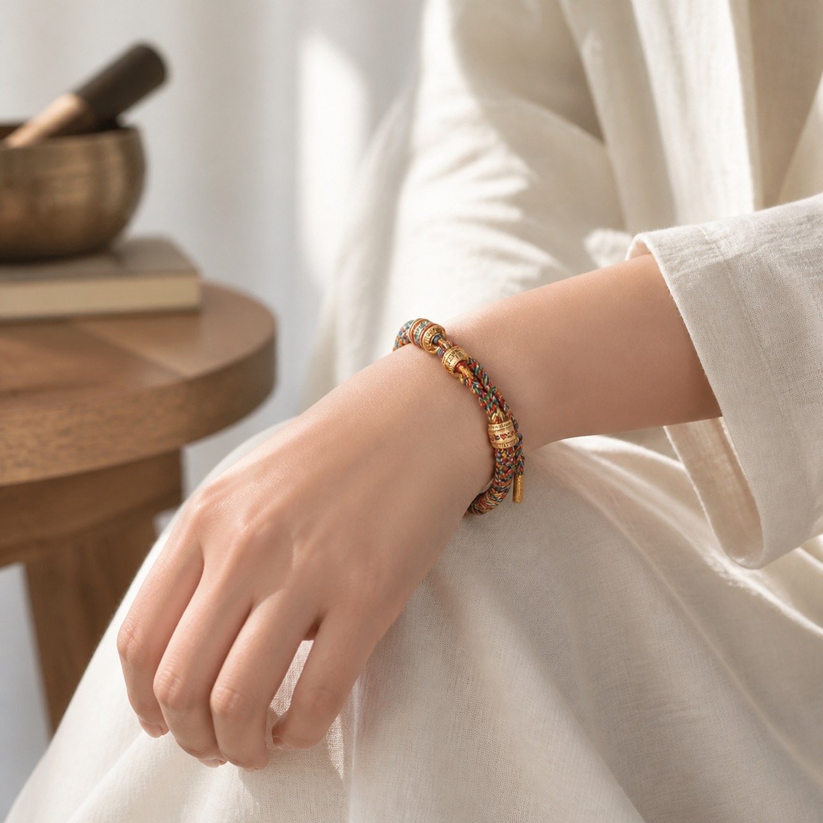 tibetan-six-syllable-mantra-bracelet-03-worn Six-Syllable Mantra Bracelet