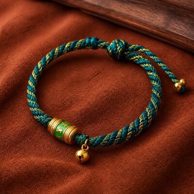 tibetan-six-syllable-mantra-bracelet-bell-green-gold Six-Syllable Mantra Bracelet