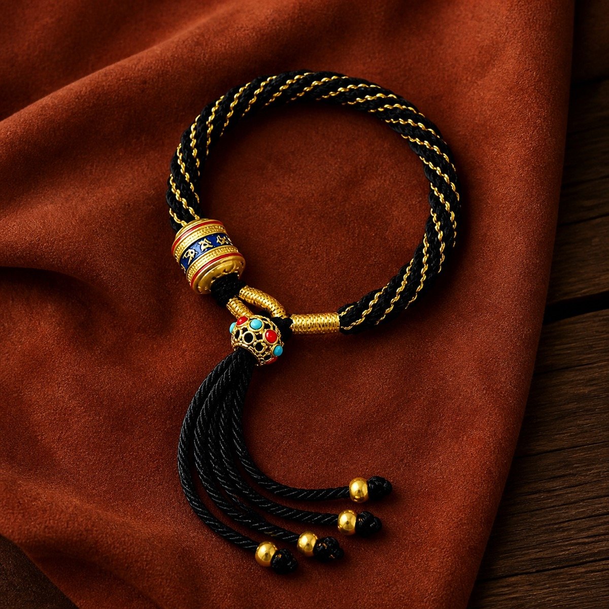 tibetan-six-syllable-mantra-bracelet-tassel-black-gold Six-Syllable Mantra Bracelet