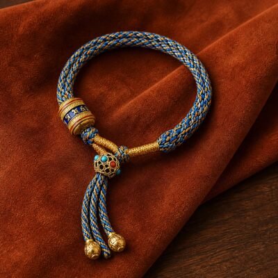 tibetan-six-syllable-mantra-bracelet-tassel-blue-gold Six-Syllable Mantra Bracelet