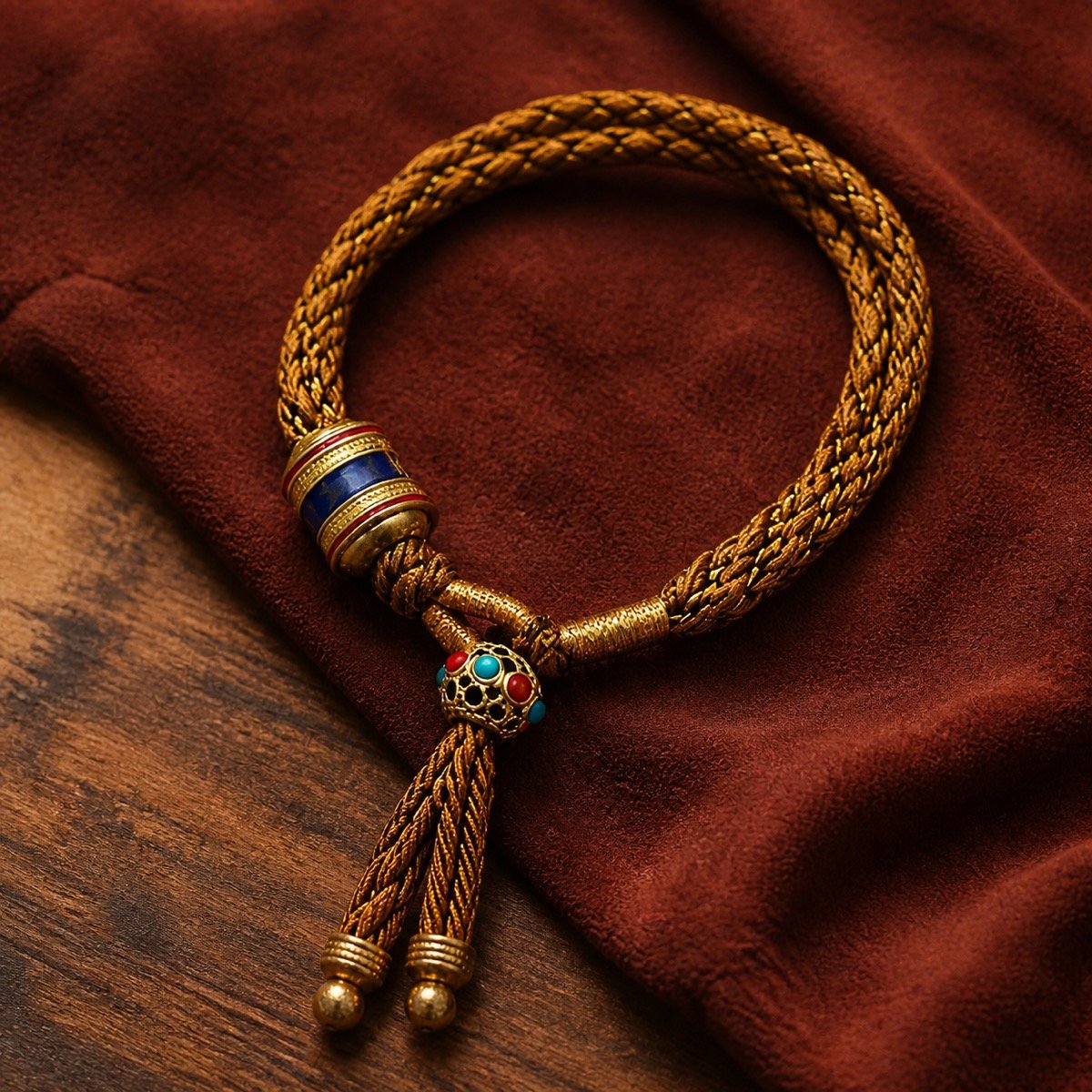 tibetan-six-syllable-mantra-bracelet-tassel-golden-brown Six-Syllable Mantra Bracelet