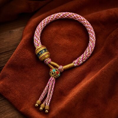 tibetan-six-syllable-mantra-bracelet-tassel-pink-gold Six-Syllable Mantra Bracelet