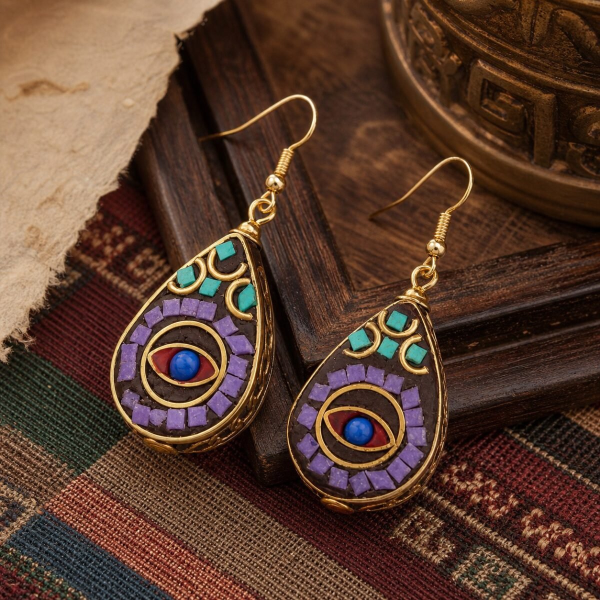 tibetan-teardrop-turquoise-inlay-earrings-01-main Turquoise inlay earrings in a Tibetan-inspired teardrop design