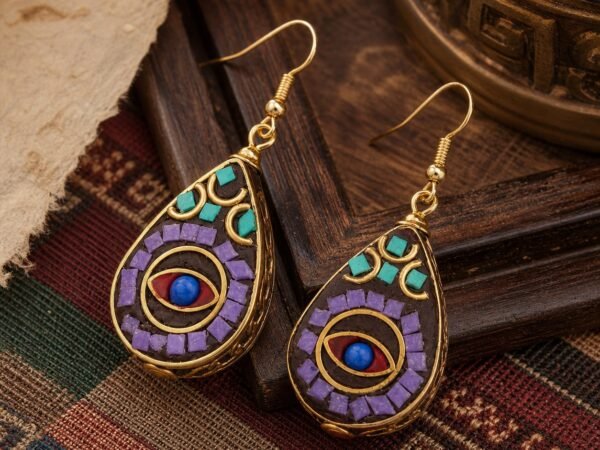 Turquoise inlay earrings in a Tibetan-inspired teardrop design