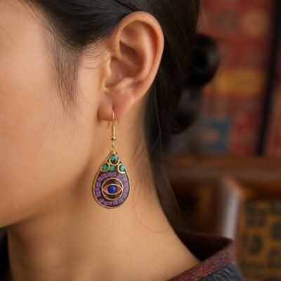 tibetan-teardrop-turquoise-inlay-earrings-02-worn Tibetan Teardrop Turquoise Inlay Earrings
