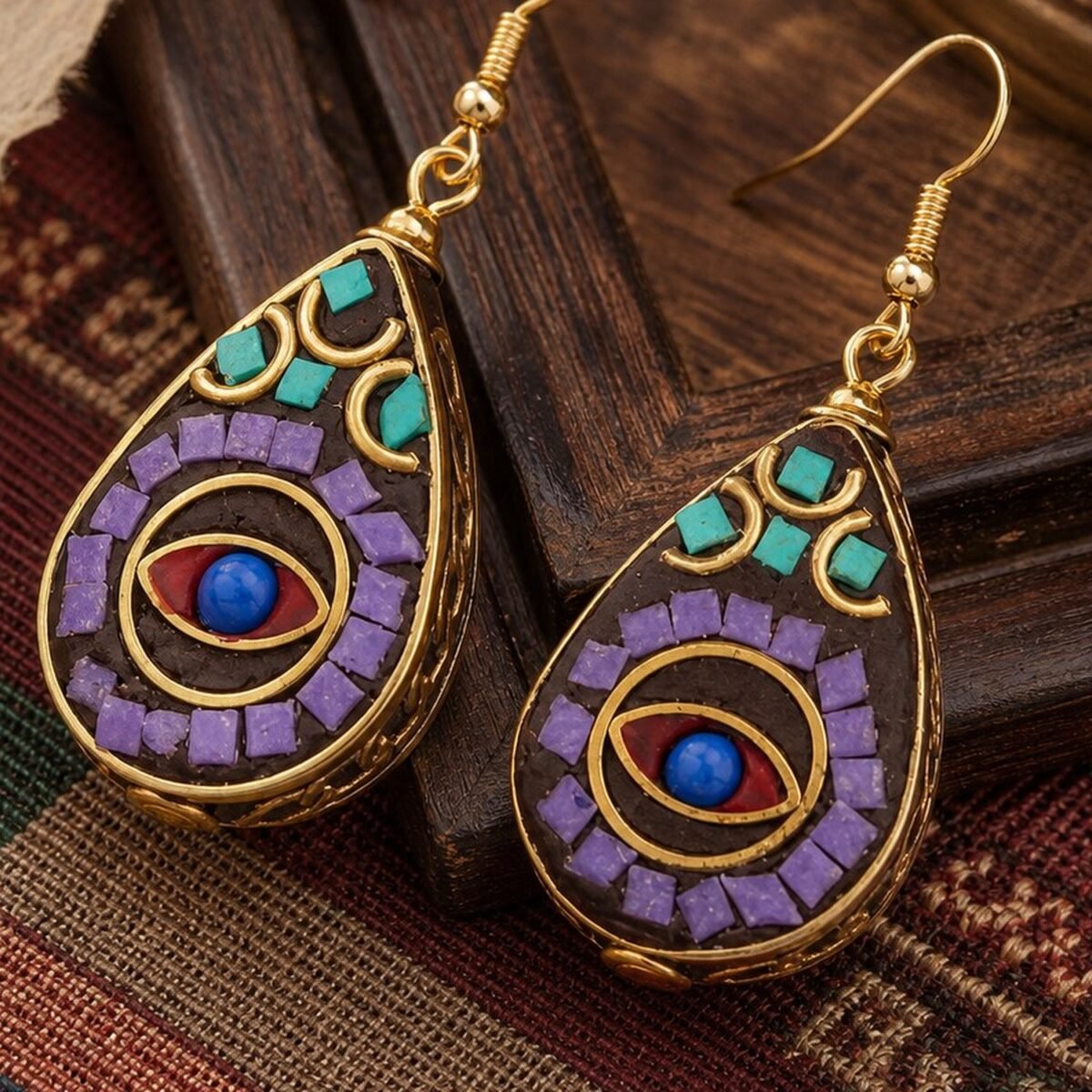 tibetan-teardrop-turquoise-inlay-earrings-03-detail Tibetan Teardrop Turquoise Inlay Earrings