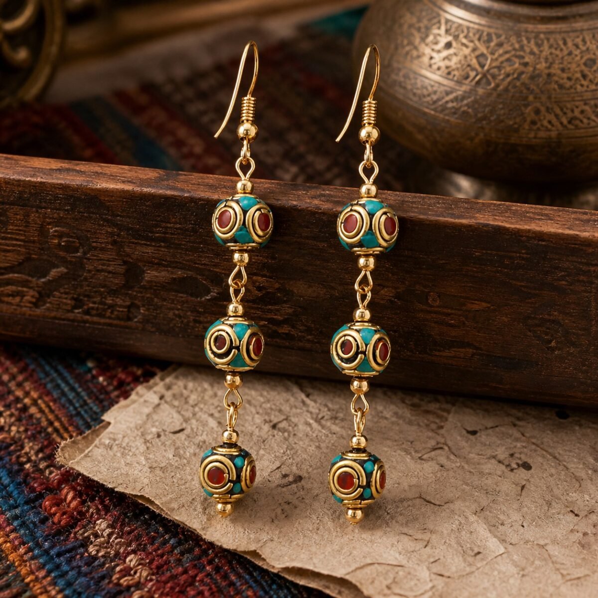 Three-Bead Chain Drop Earrings with turquoise beads and a chain drop