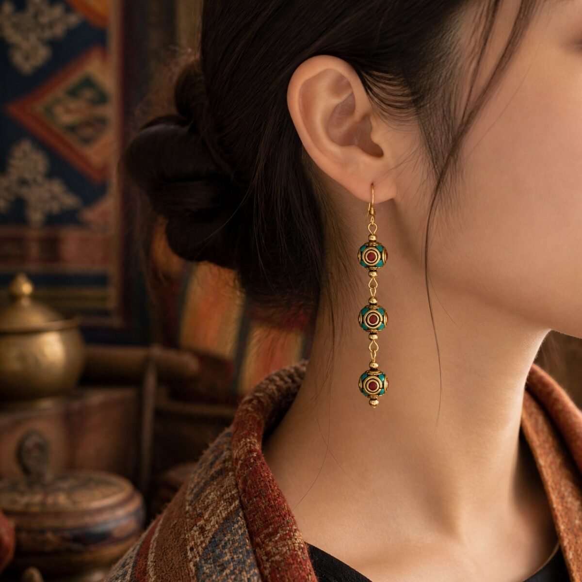 Tibetan Three-Bead Chain Drop Earrings