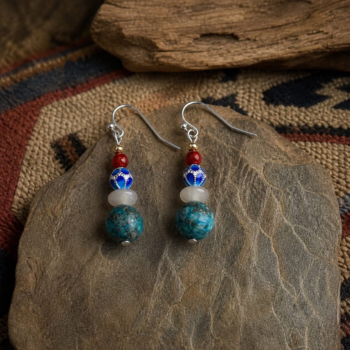 Drop Earrings with Natural Hubei turquoise, red agate, hand-painted enamel bead, freshwater pearl, and chalcedony