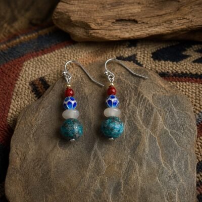 Drop Earrings with Natural Hubei turquoise, red agate, hand-painted enamel bead, freshwater pearl, and chalcedony