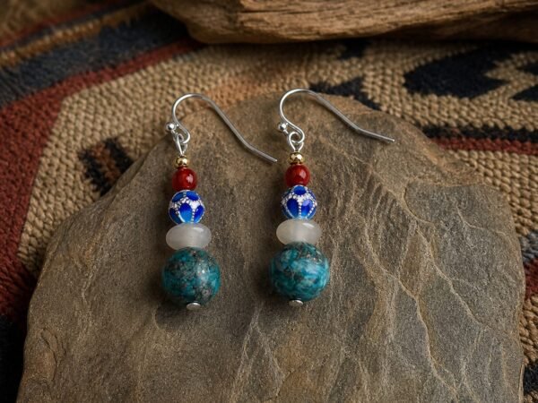 Drop Earrings with Natural Hubei turquoise, red agate, hand-painted enamel bead, freshwater pearl, and chalcedony