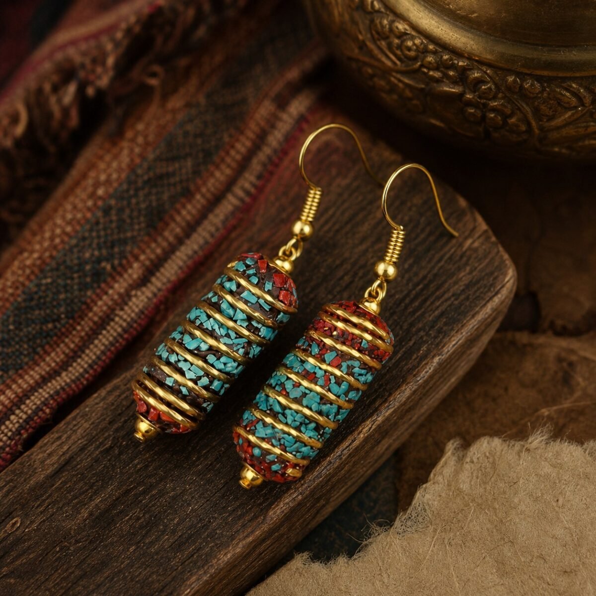 tibetan-wrapped-cylinder-drop-earrings-01-main Tibetan Wrapped Cylinder Drop Earrings with a textured cylinder form and turquoise accent