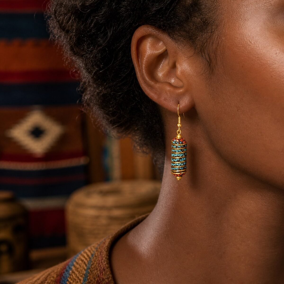 tibetan-wrapped-cylinder-drop-earrings-02-worn Tibetan Wrapped Cylinder Drop Earrings