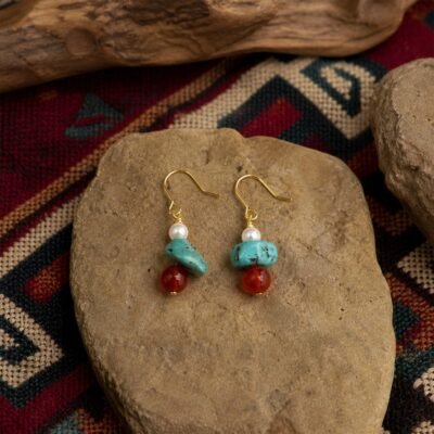 turquoise-coral-pearl-hook-earrings-01-main-hero Pearl Hook Earrings with lustrous pearl, turquoise-colored chip, red agate drop, and gold-tone hooks