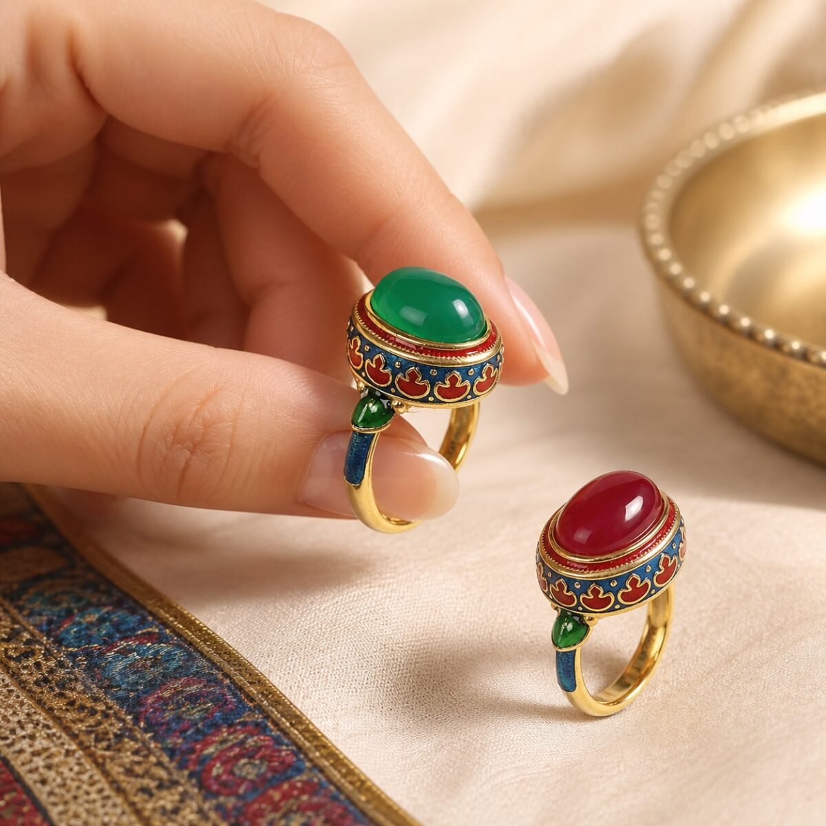 Vintage Cloisonne Gemstone Statement Ring