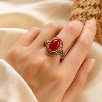 Vintage Cloisonne Gemstone Statement Ring