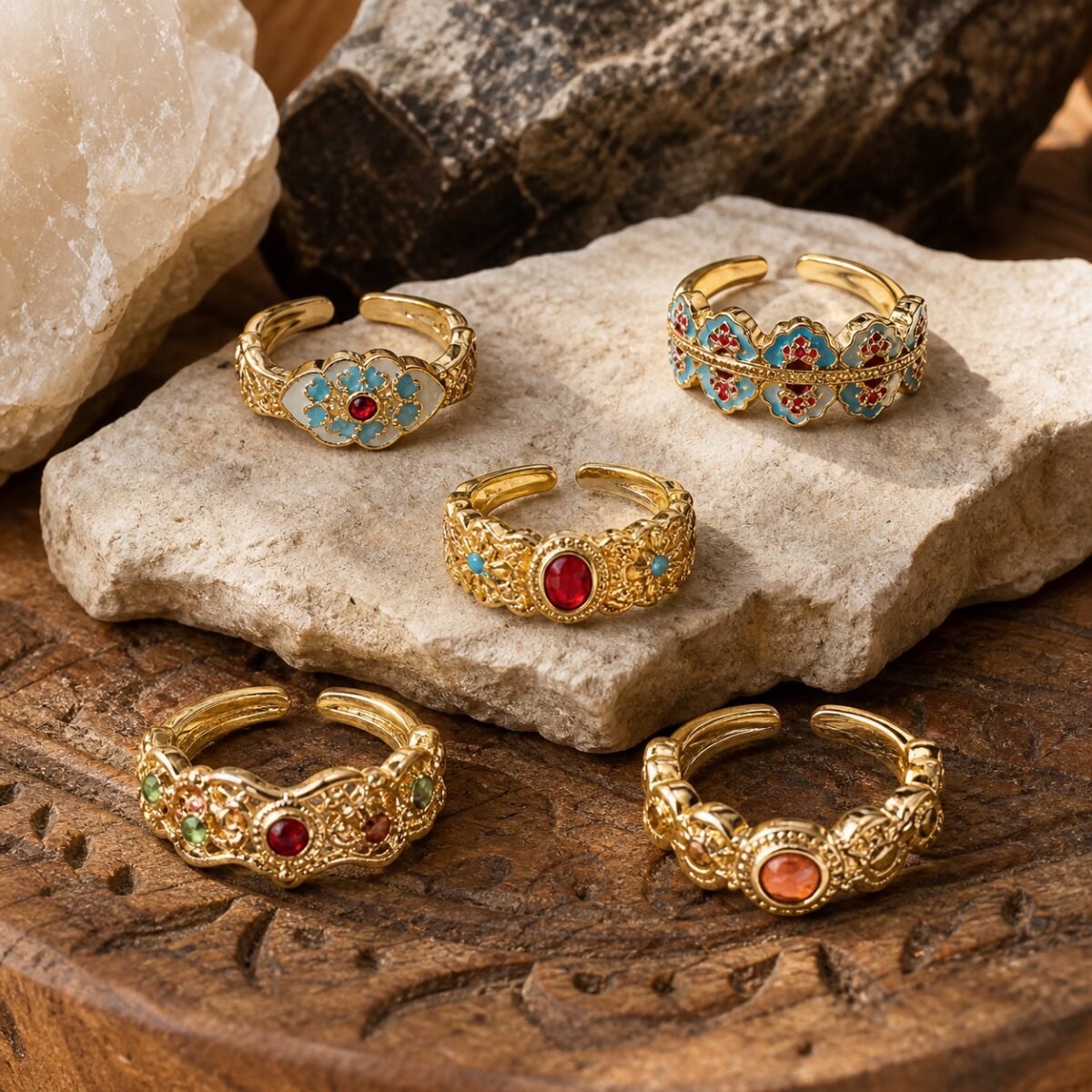 Vintage Palace Cloisonne Adjustable Ring with five colorful enamel-style motifs