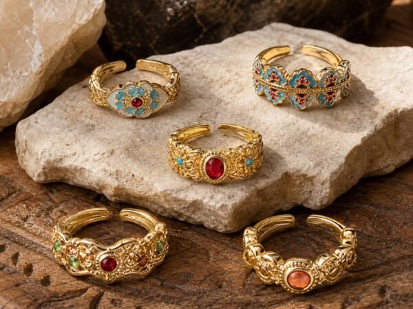 Vintage Palace Cloisonne Adjustable Ring with five colorful enamel-style motifs