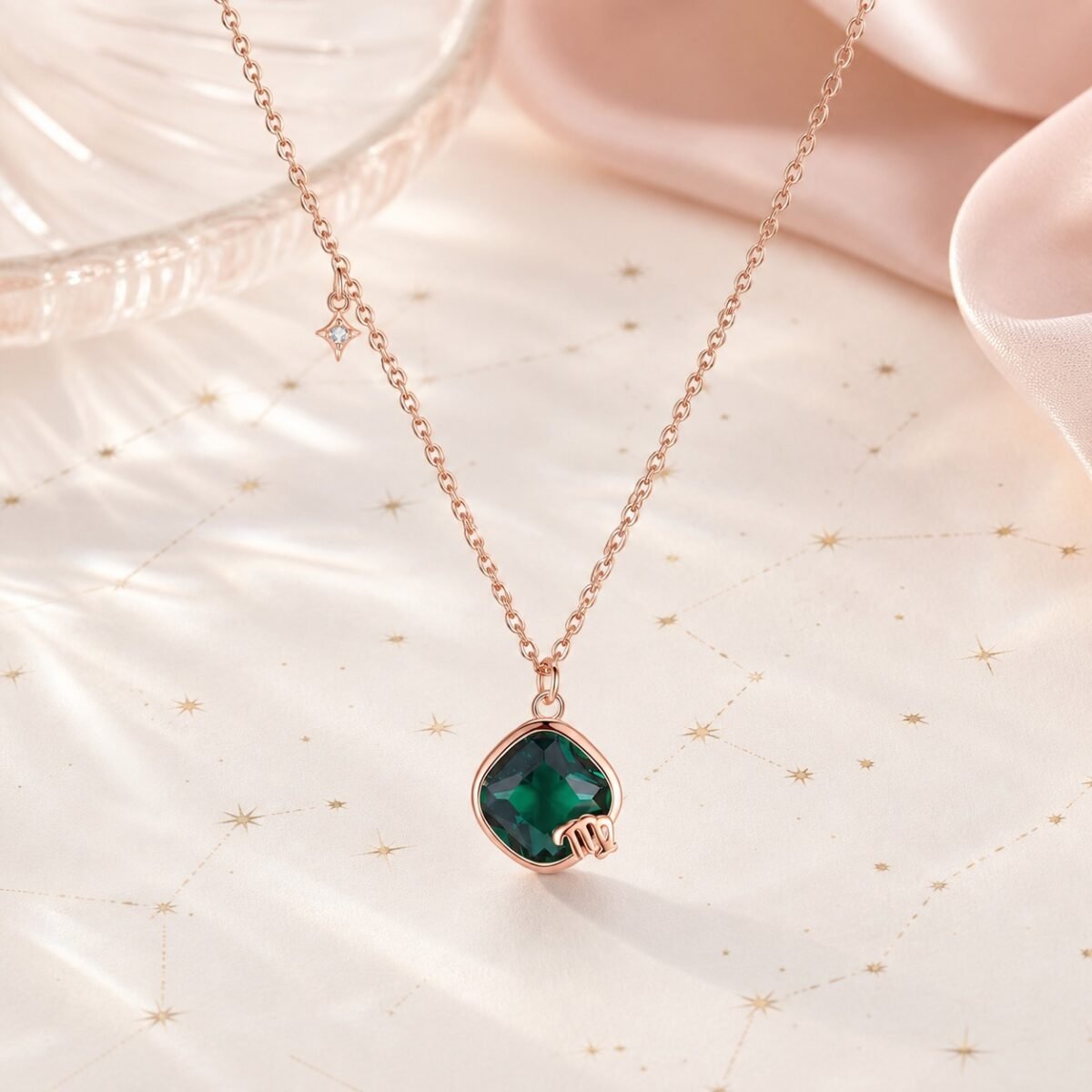 Virgo rose gold crystal zodiac necklace with emerald-green crystal and Virgo glyph