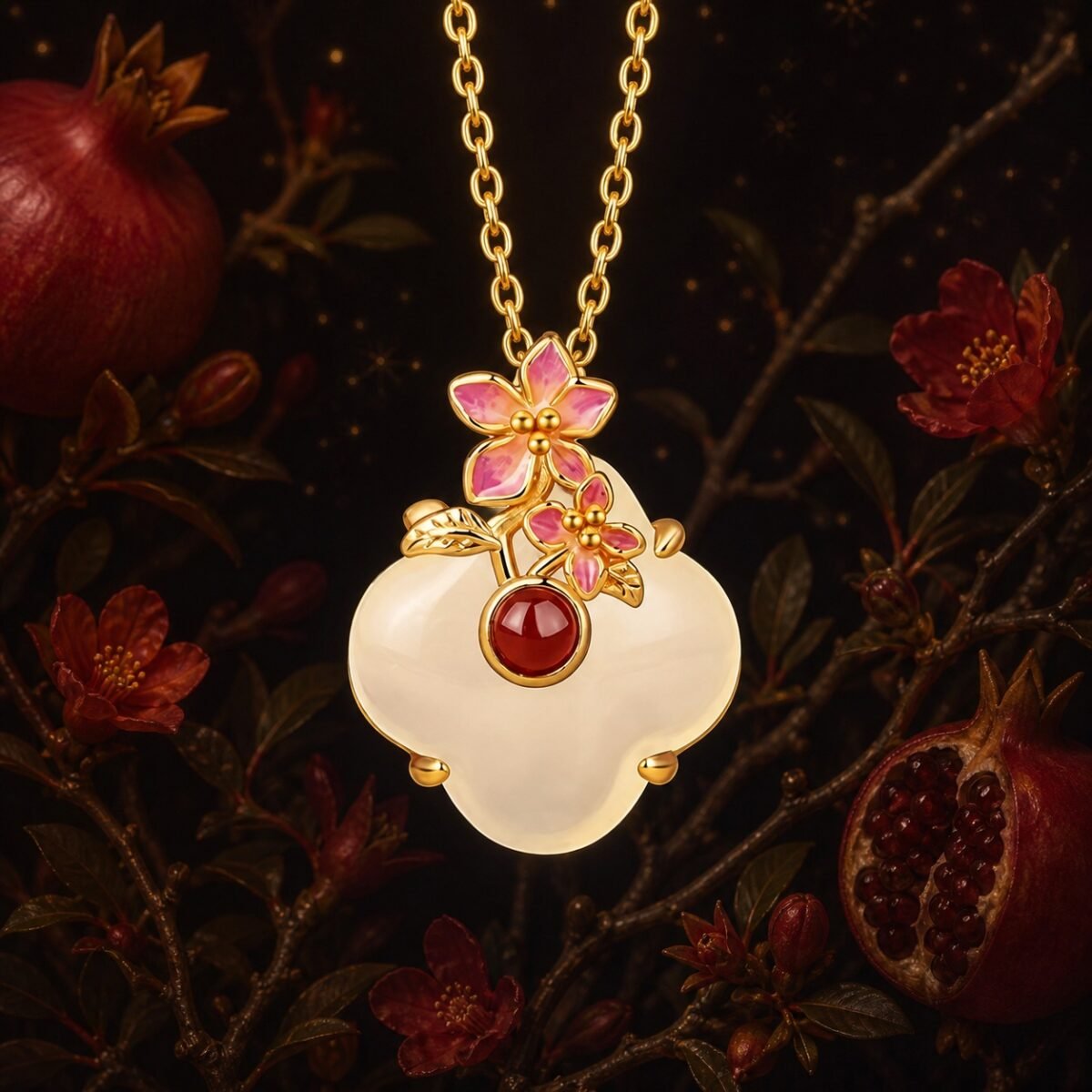 Virgo Pomegranate Necklace with white chalcedony, red agate, and enamel