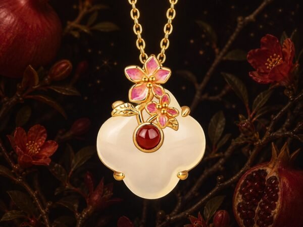 Virgo Pomegranate Necklace with white chalcedony, red agate, and enamel