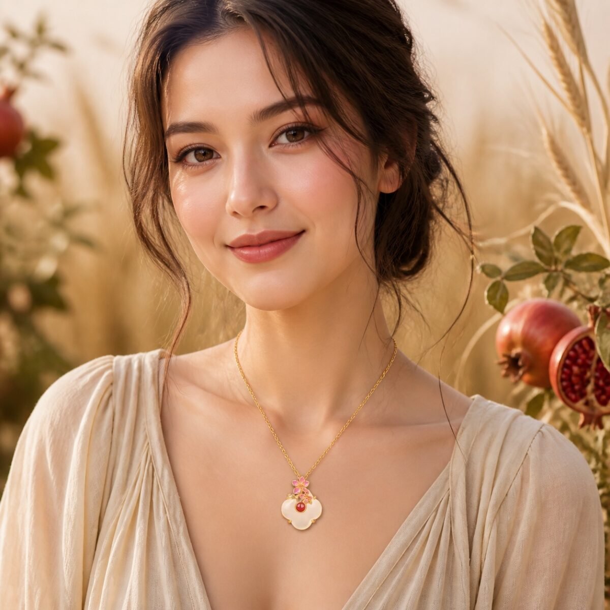 Virgo Eastern Zodiac Guardian Flower Goddess Necklace – Pomegranate Blossom