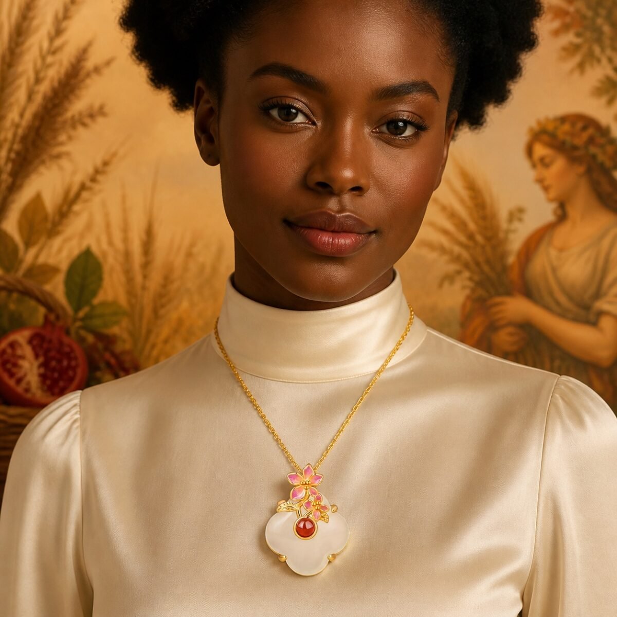 Virgo Eastern Zodiac Guardian Flower Goddess Necklace – Pomegranate Blossom