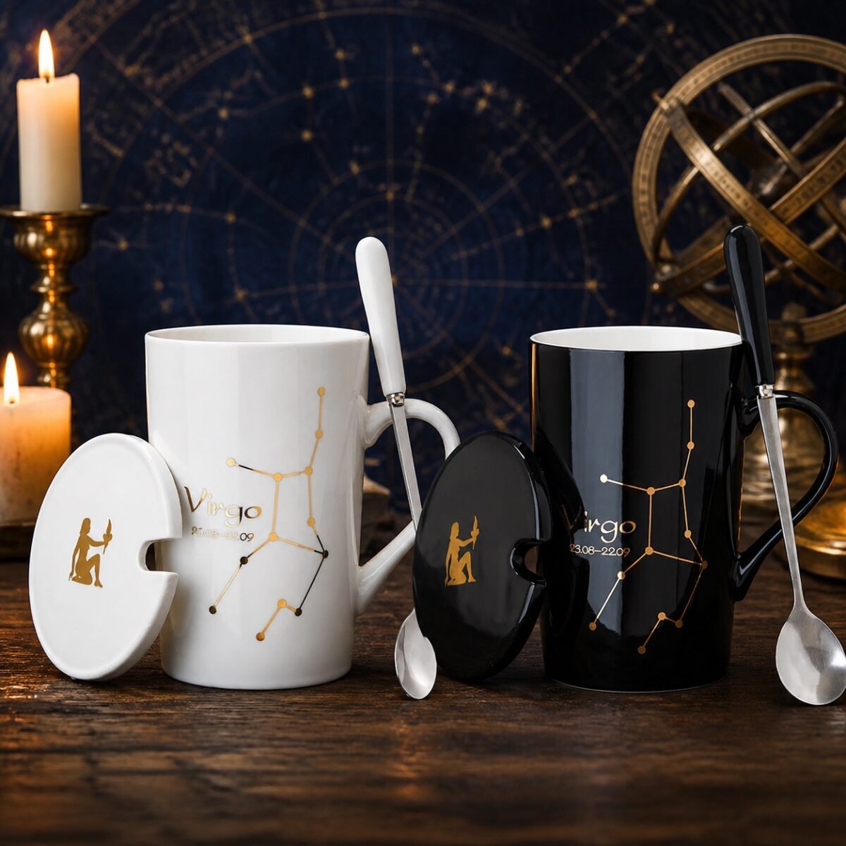 Virgo Ceramic Mug Set with gold-fired constellation design, ceramic lid, and spoon