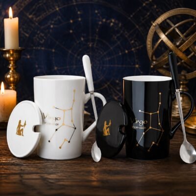 Virgo Ceramic Mug Set with gold-fired constellation design, ceramic lid, and spoon