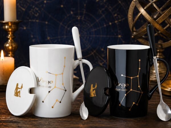 Virgo Ceramic Mug Set with gold-fired constellation design, ceramic lid, and spoon