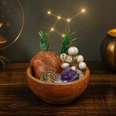 Virgo Crystal Micro-Landscape Desk Decor with red agate, amethyst, clear quartz, botanical accents, and zodiac medallion