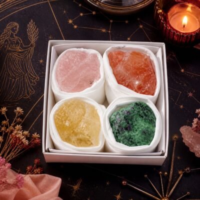 Virgo Four Raw Crystal Gift Set with rose quartz, red agate, citrine, and ruby in zoisite