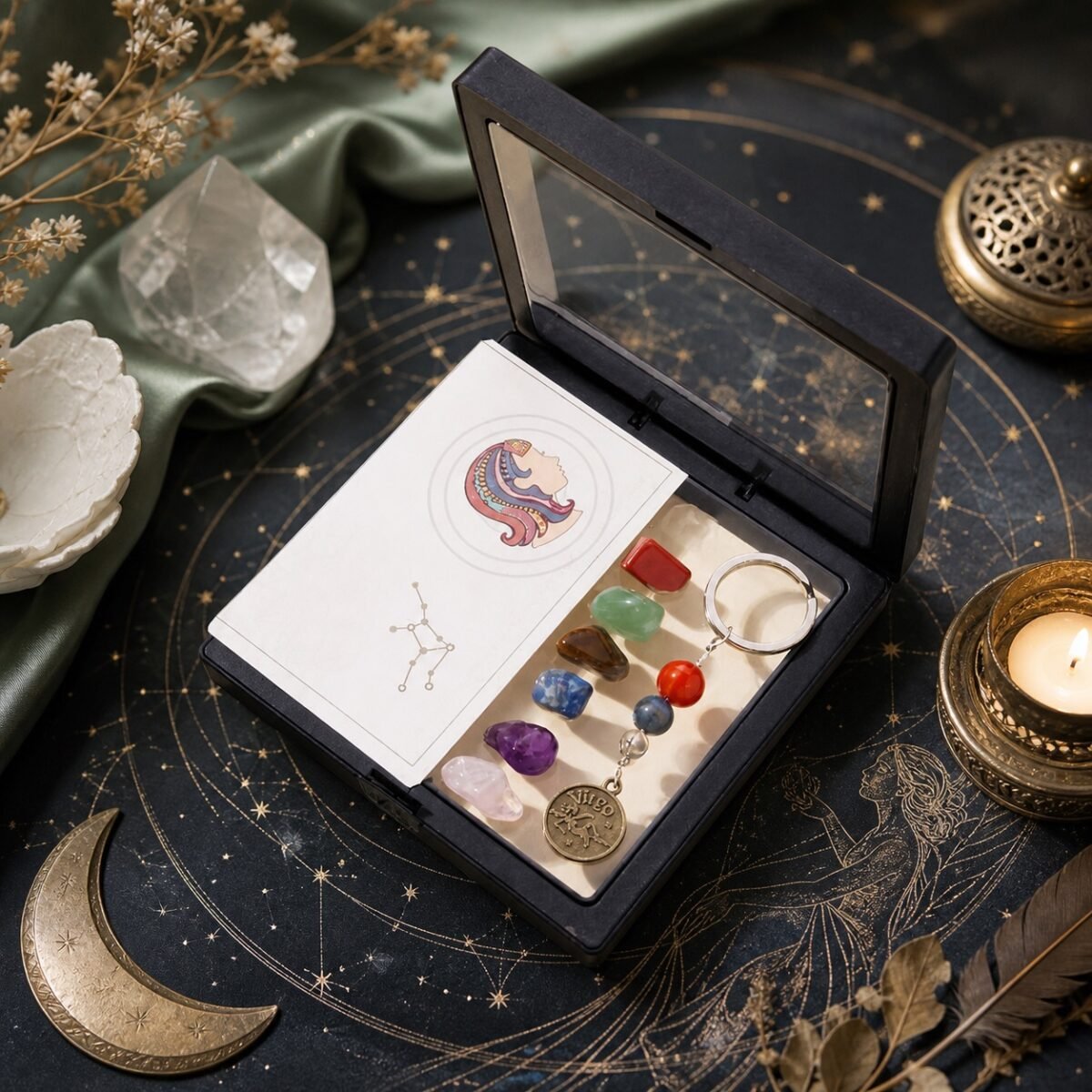 virgo-zodiac-seven-chakra-crystal-keychain-gift-set-01-box Virgo Seven Chakra Crystal Keychain with seven raw stones, three accent beads, and brass-tone medallion