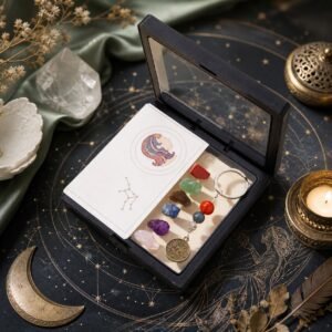 Virgo Seven Chakra Crystal Keychain with seven raw stones, three accent beads, and brass-tone medallion
