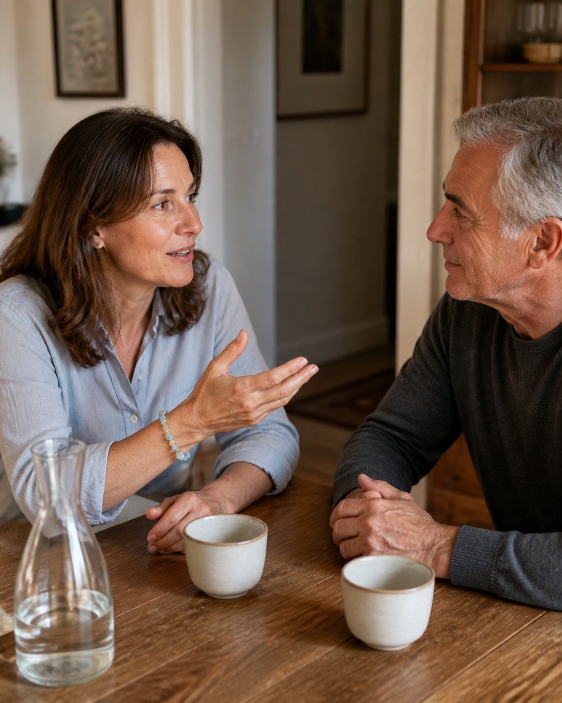 Two adults having a calm and attentive conversation at a table