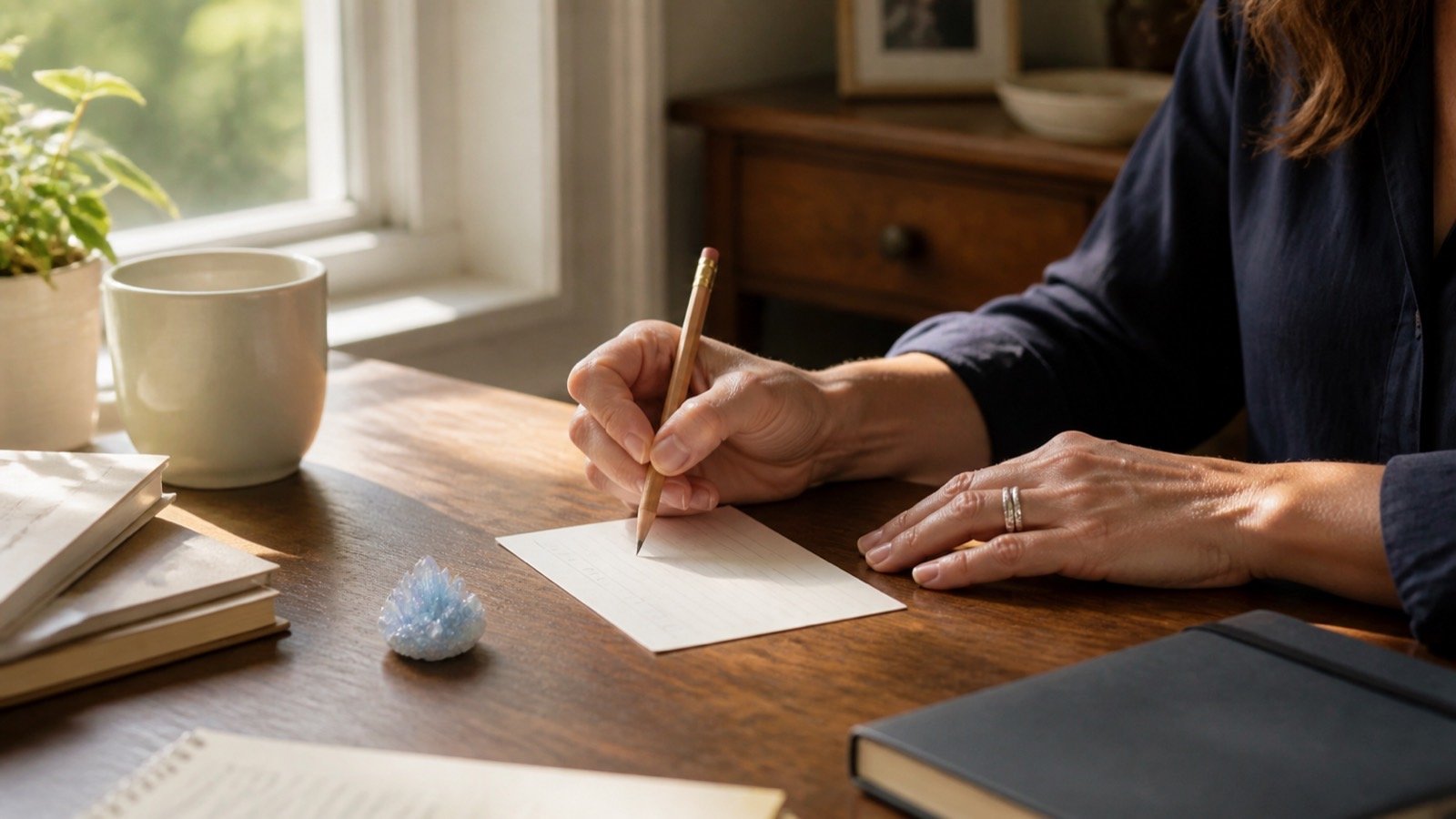 A water-blue stone beside a blank card prepared for a difficult conversation