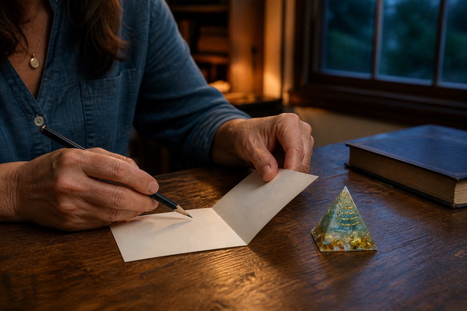 A person turns over a note card beside a water-blue token after a conversation
