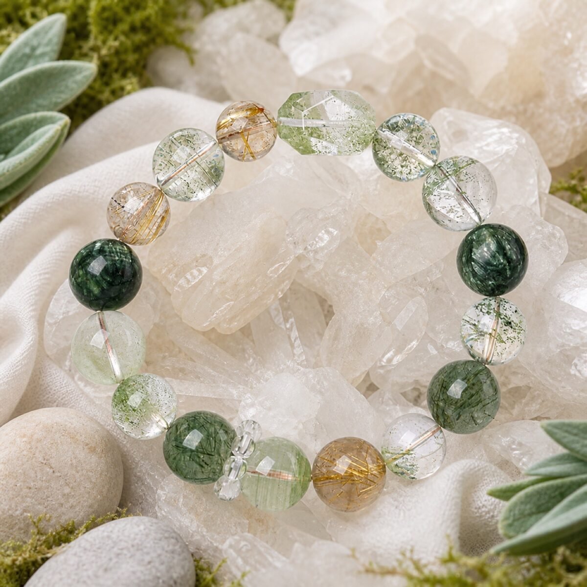 wealth-flow-green-phantom-rutilated-quartz-bracelet-01-main Wealth Flow bracelet with Green Phantom Quartz green rutilated quartz and golden rutilated quartz beads.