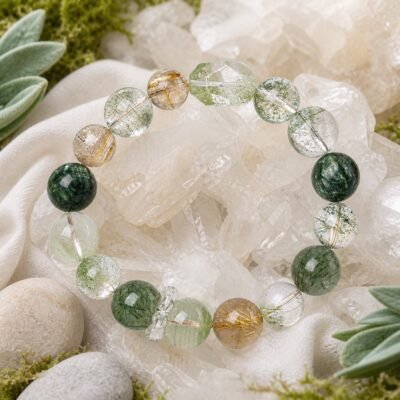 wealth-flow-green-phantom-rutilated-quartz-bracelet-01-main Wealth Flow bracelet with Green Phantom Quartz green rutilated quartz and golden rutilated quartz beads.