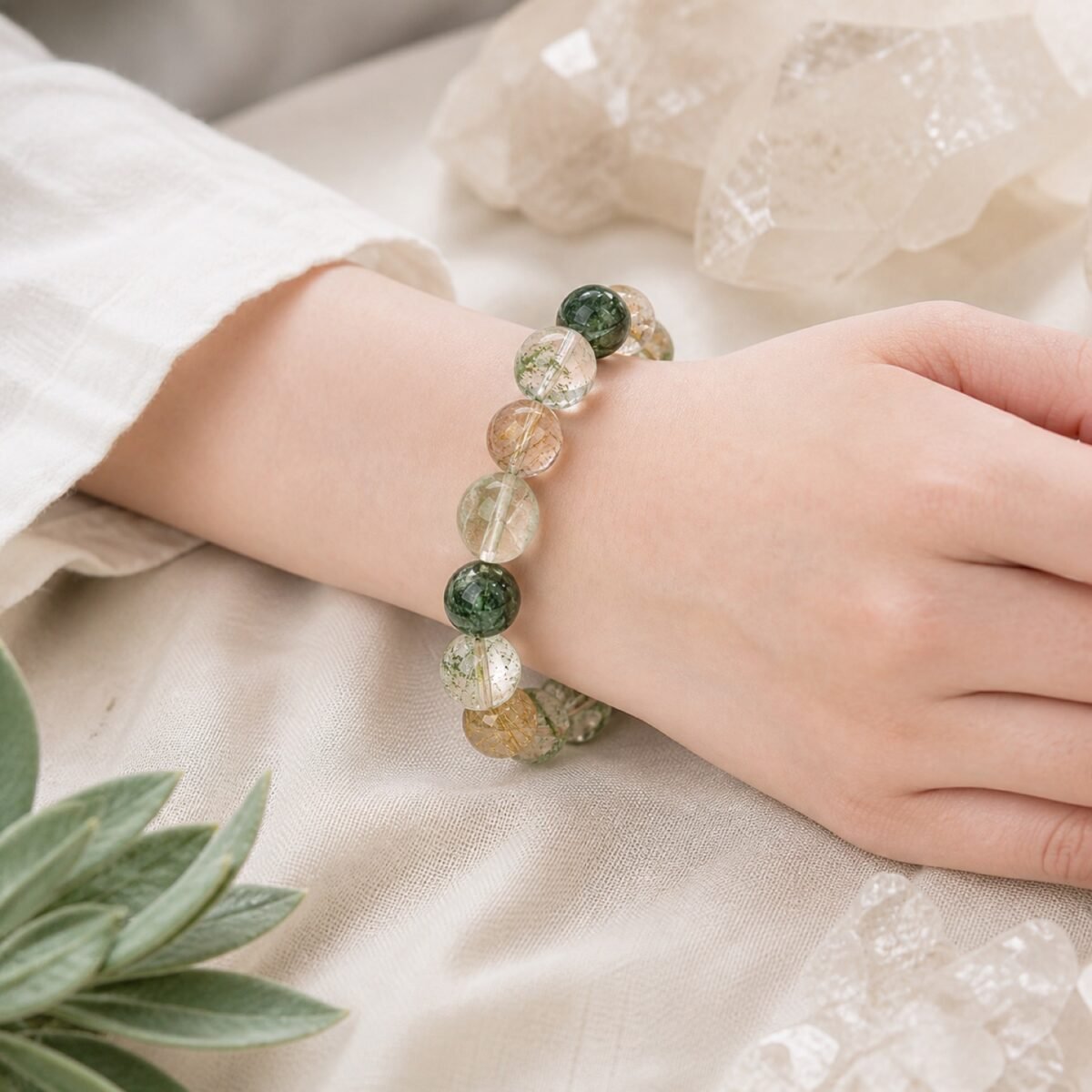 wealth-flow-green-phantom-rutilated-quartz-bracelet-04-wearing Wealth Flow Green Phantom & Rutilated Quartz Bracelet
