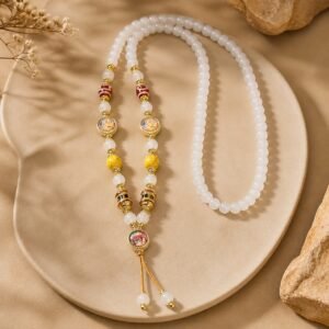 White Agate Thangka Clarity Pendant Chain with striped prayer beads and gold-tone tassel