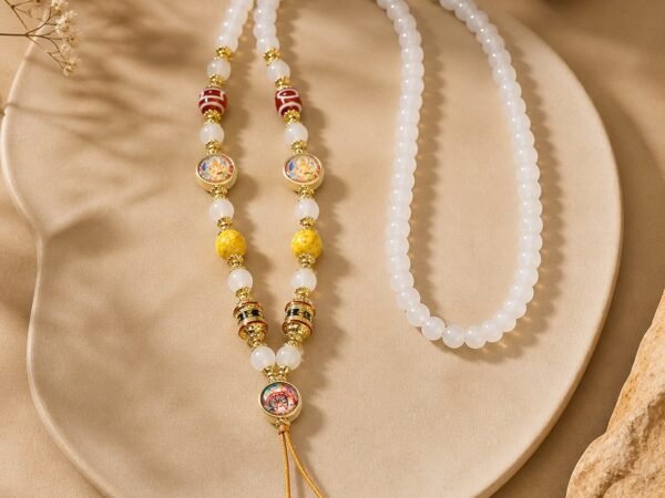 White Agate Thangka Clarity Pendant Chain with striped prayer beads and gold-tone tassel