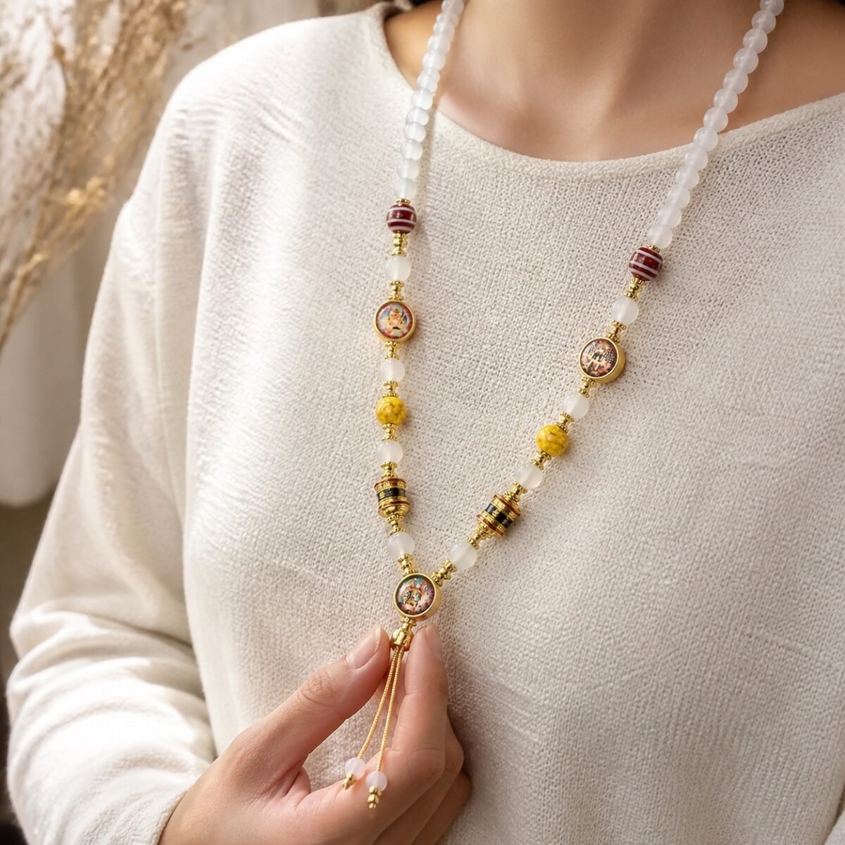 White Agate Thangka Clarity Pendant Chain