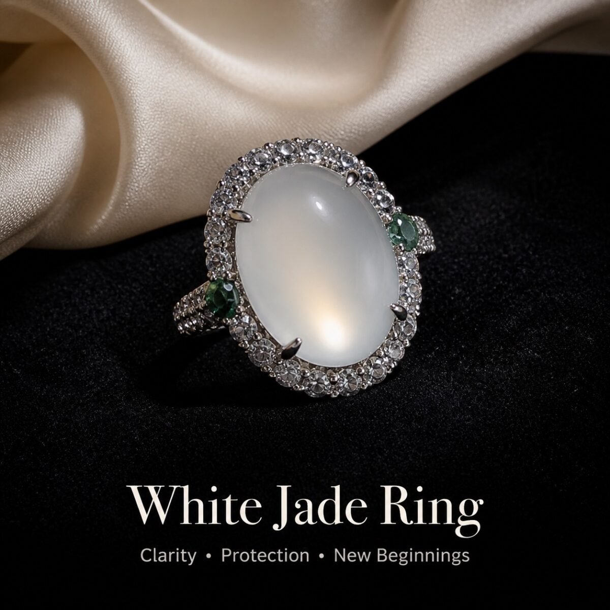 White Jade Clarity Ring with an oval white cabochon, halo of clear stones and small green side accents on a dark display surface.