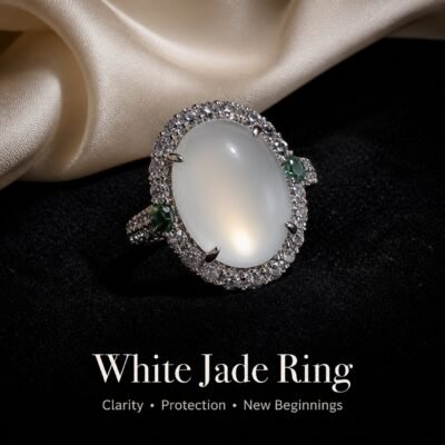 White Jade Clarity Ring with an oval white cabochon, halo of clear stones and small green side accents on a dark display surface.