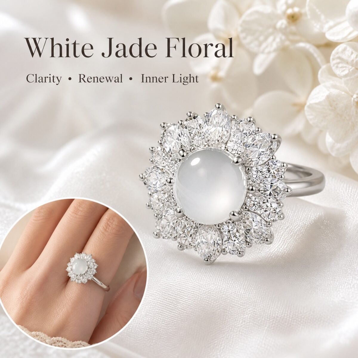 White Jade Floral Clarity Ring