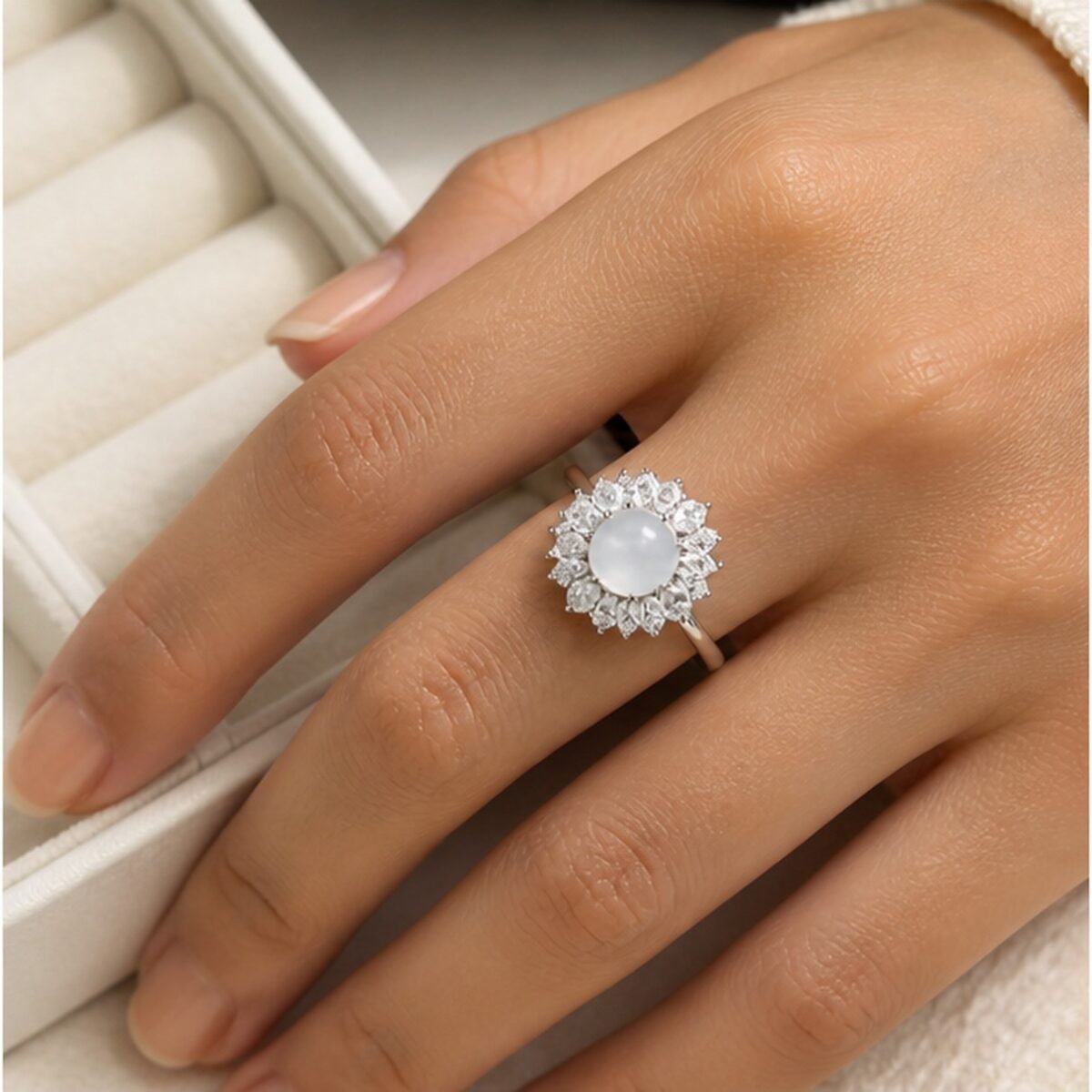 White Jade Floral Clarity Ring