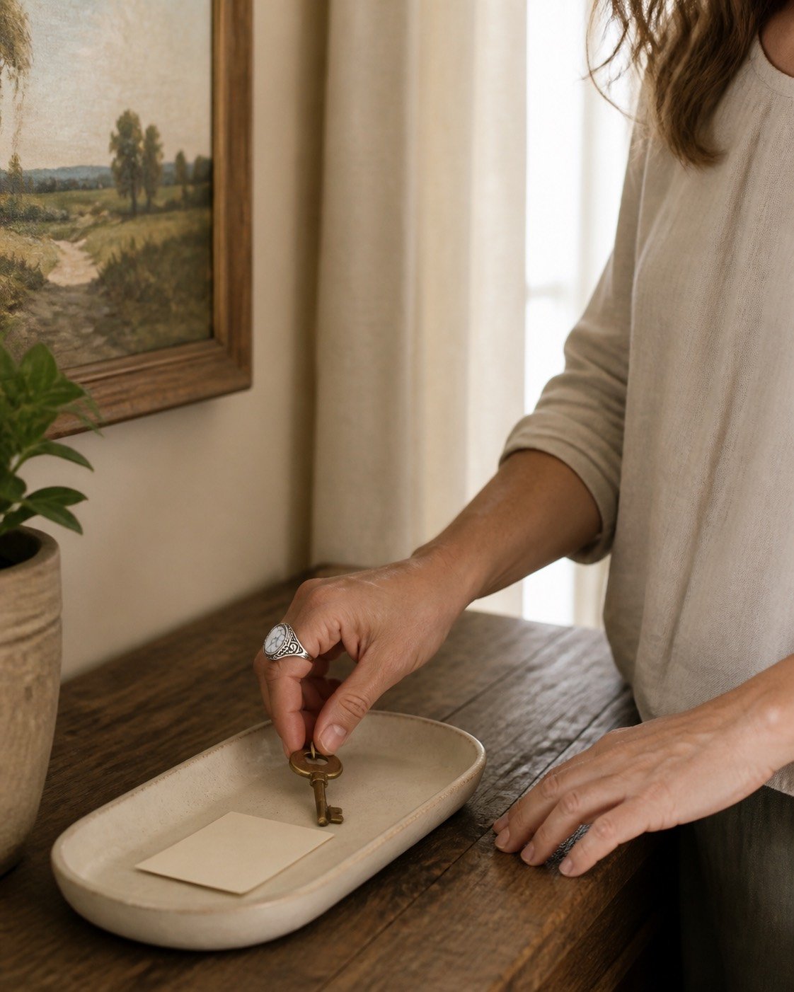 A woman clears a shallow dish containing a key and a paper priority label during a Friday shelf reset